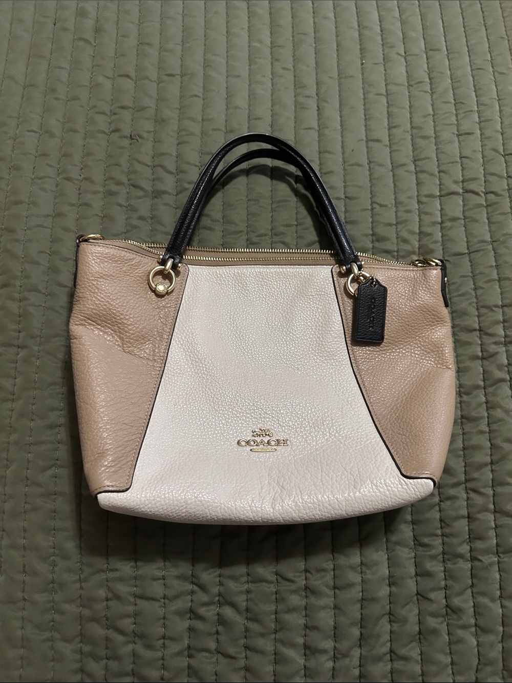 Coach Two-Tone Leather Satchel - Cream & Tan with Black Handles